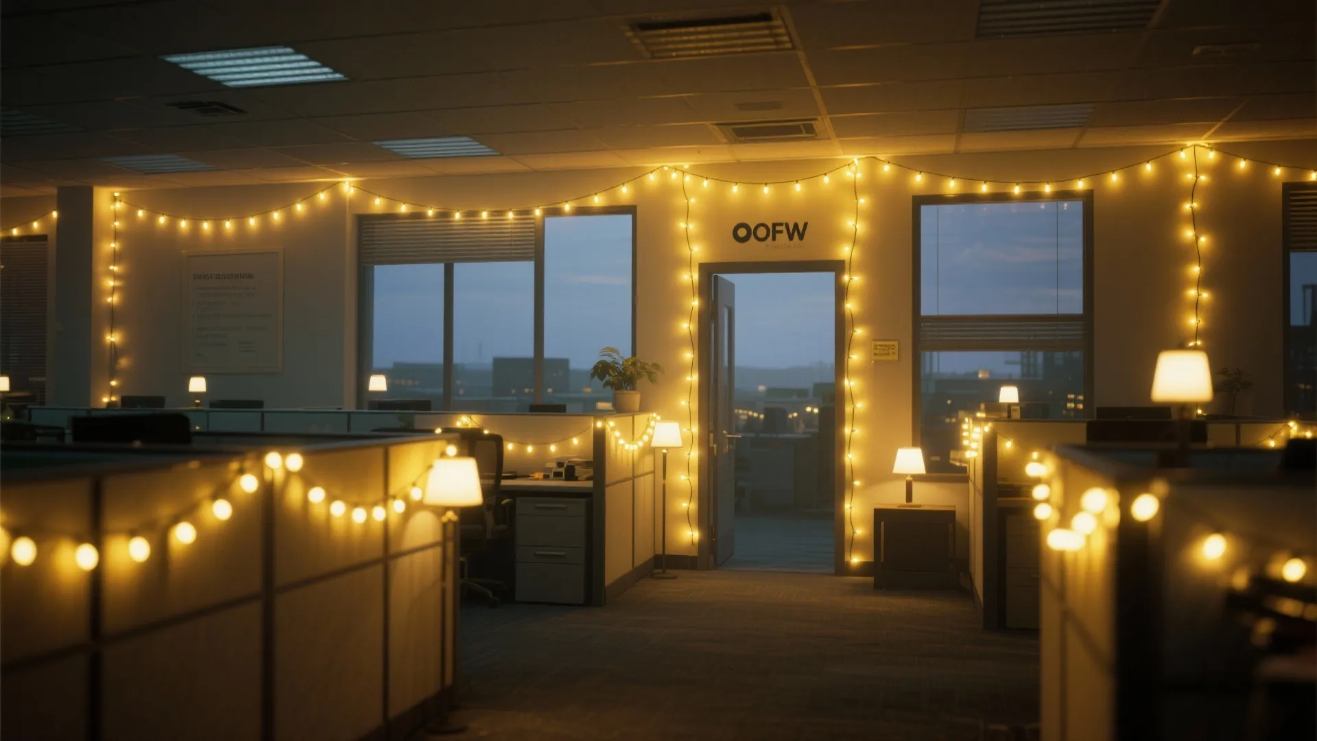 Modern office space at night decorated with warm string lights and small table light fixtures