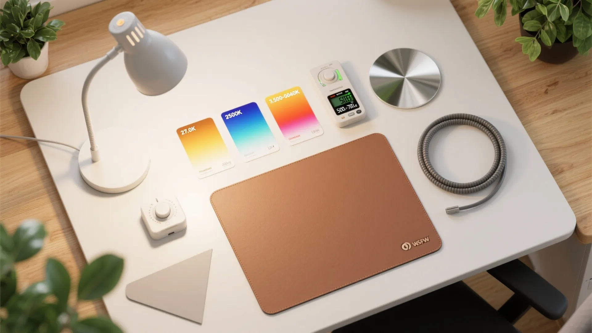 Flat lay with lamp, dimmer, CCT cards, lux meter, matte pad, and cable sleeve for office lighting tips.