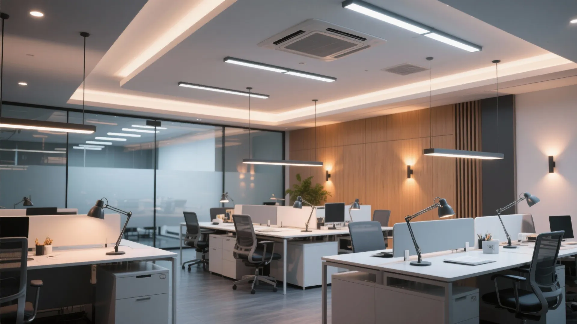 Modern office interior with ceiling light fixtures desk lamps wall light panels and glass walls