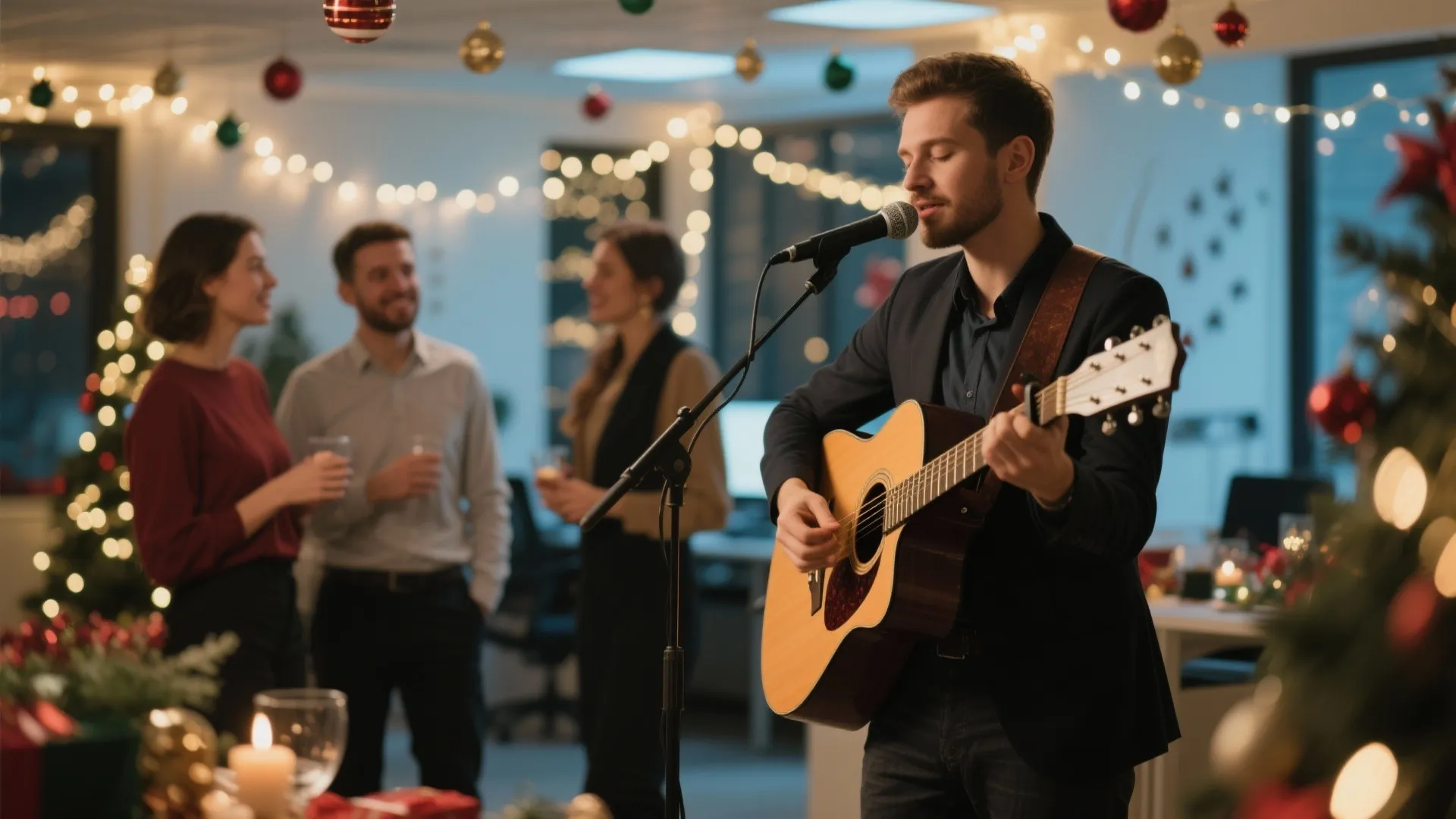 Man playing guitar and singing at office party with coworkers and Christmas tree in background
