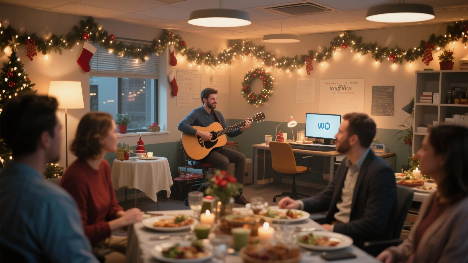Man playing guitar for coworkers during office Christmas dinner with festive lights and holiday wall decorations