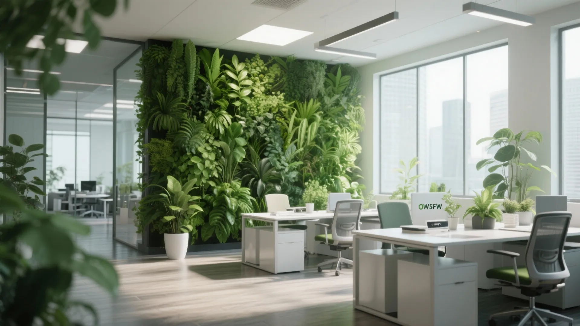 Modern bright office with white desks green plant wall large windows and wooden floor design