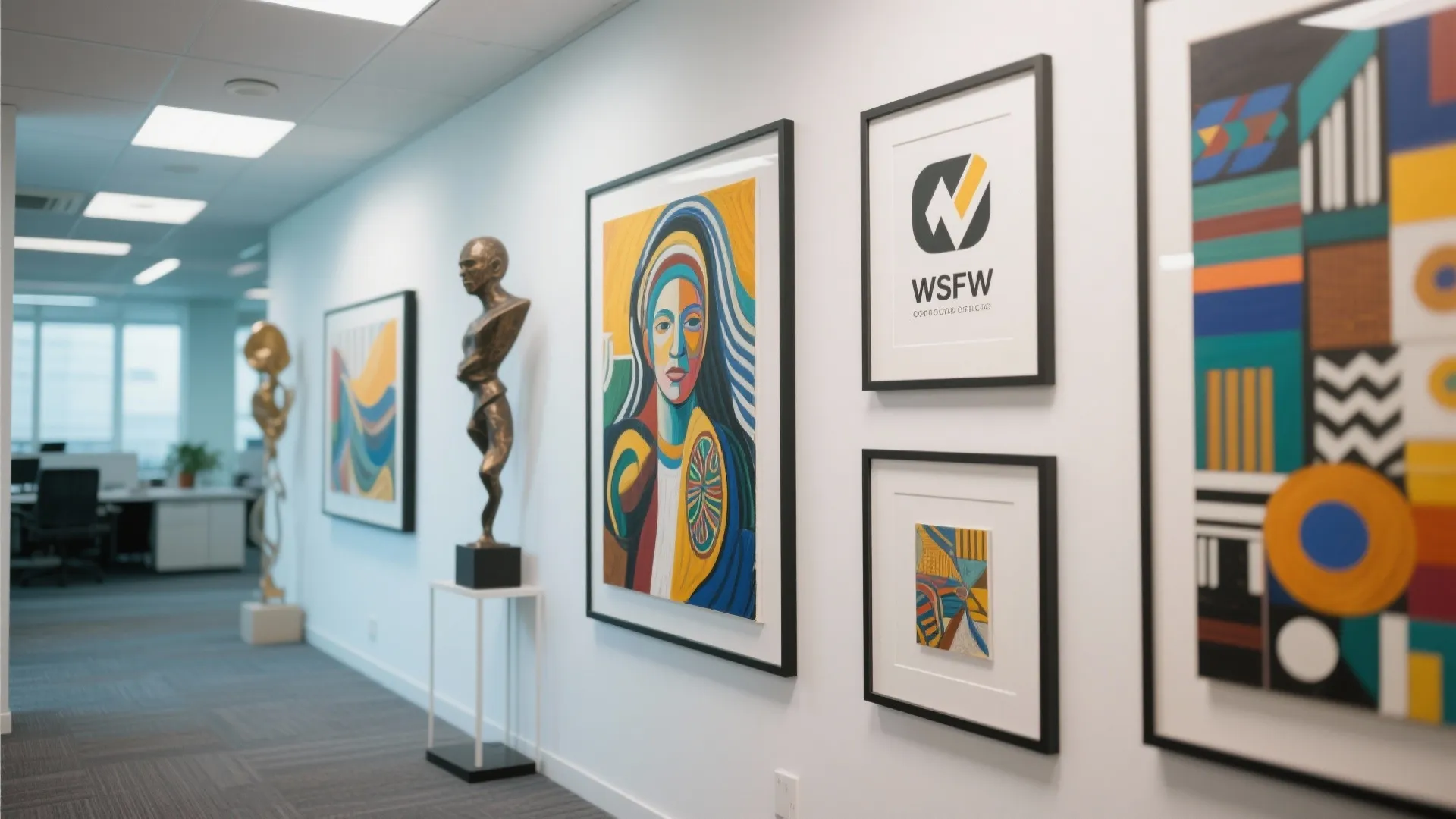Modern office hallway with colorful framed art pieces and a bronze sculpture on a stand