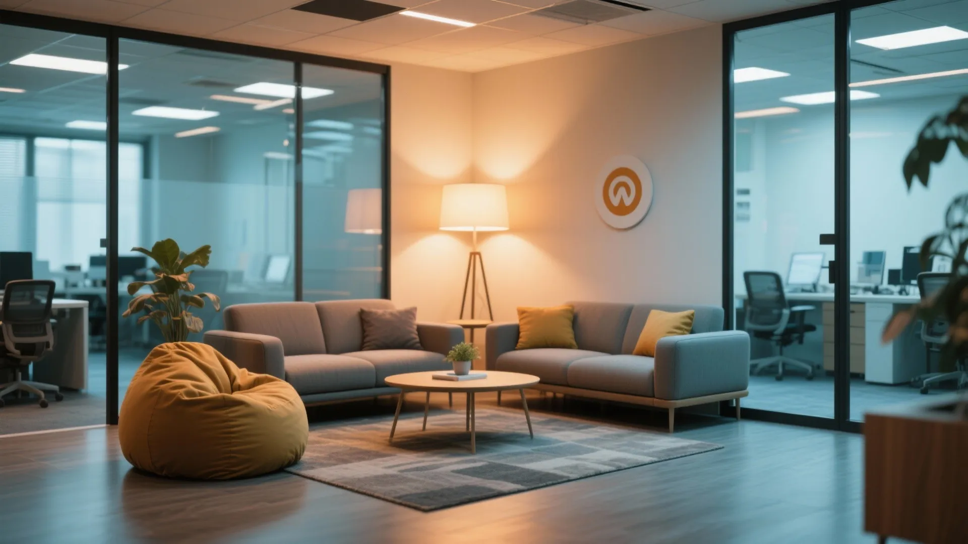 Cozy office lounge area with grey sofas yellow bean bag round coffee table and floor lamp