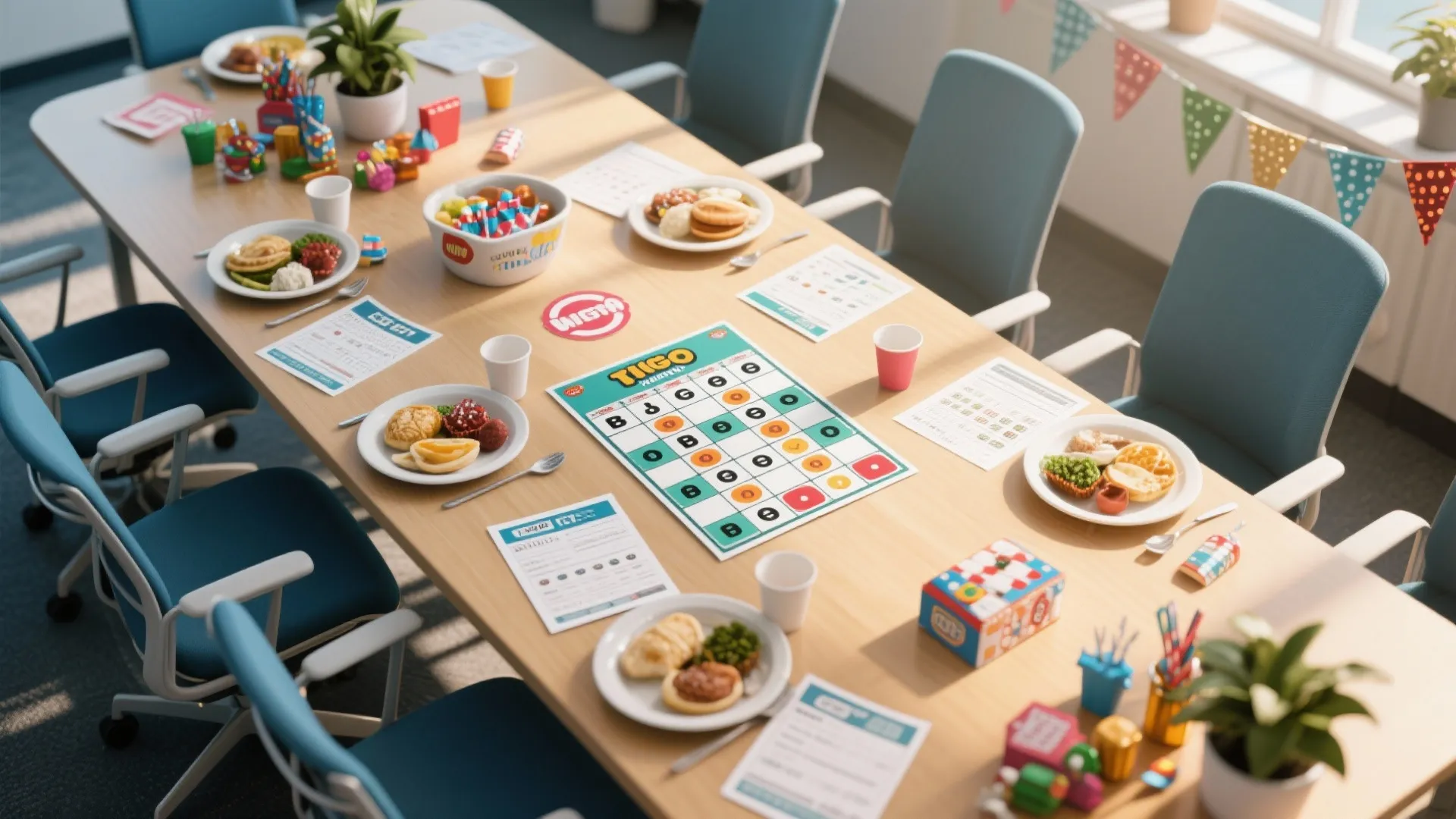 Large meeting table set with food plates and bingo game cards for an office party