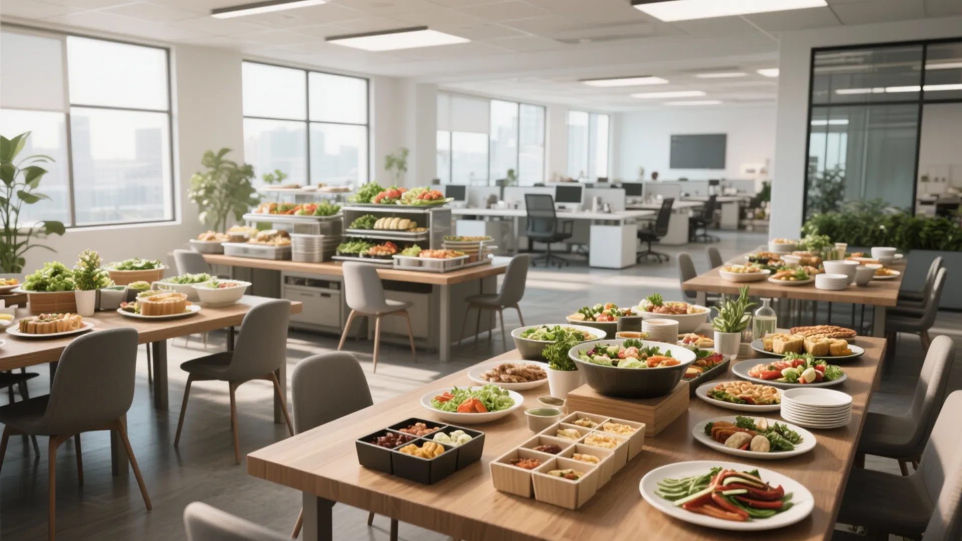 Long wooden tables filled with healthy salad bowls and plates in a bright office space