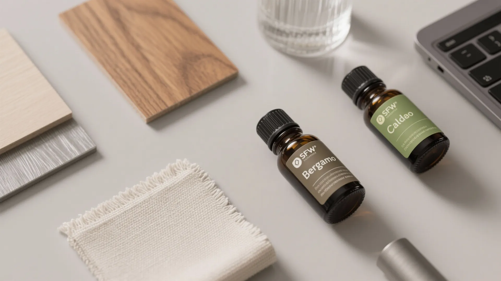 Flatlay of oak, frosted glass, metal, linen, and essential oils.
