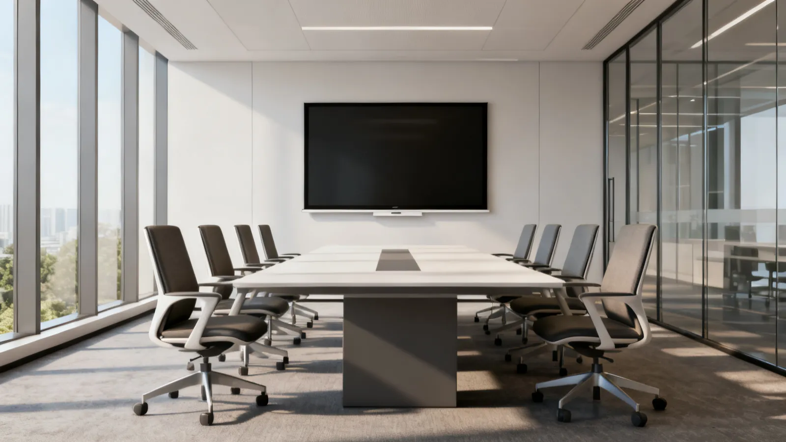 Modern meeting room with conference table and organized seating layout