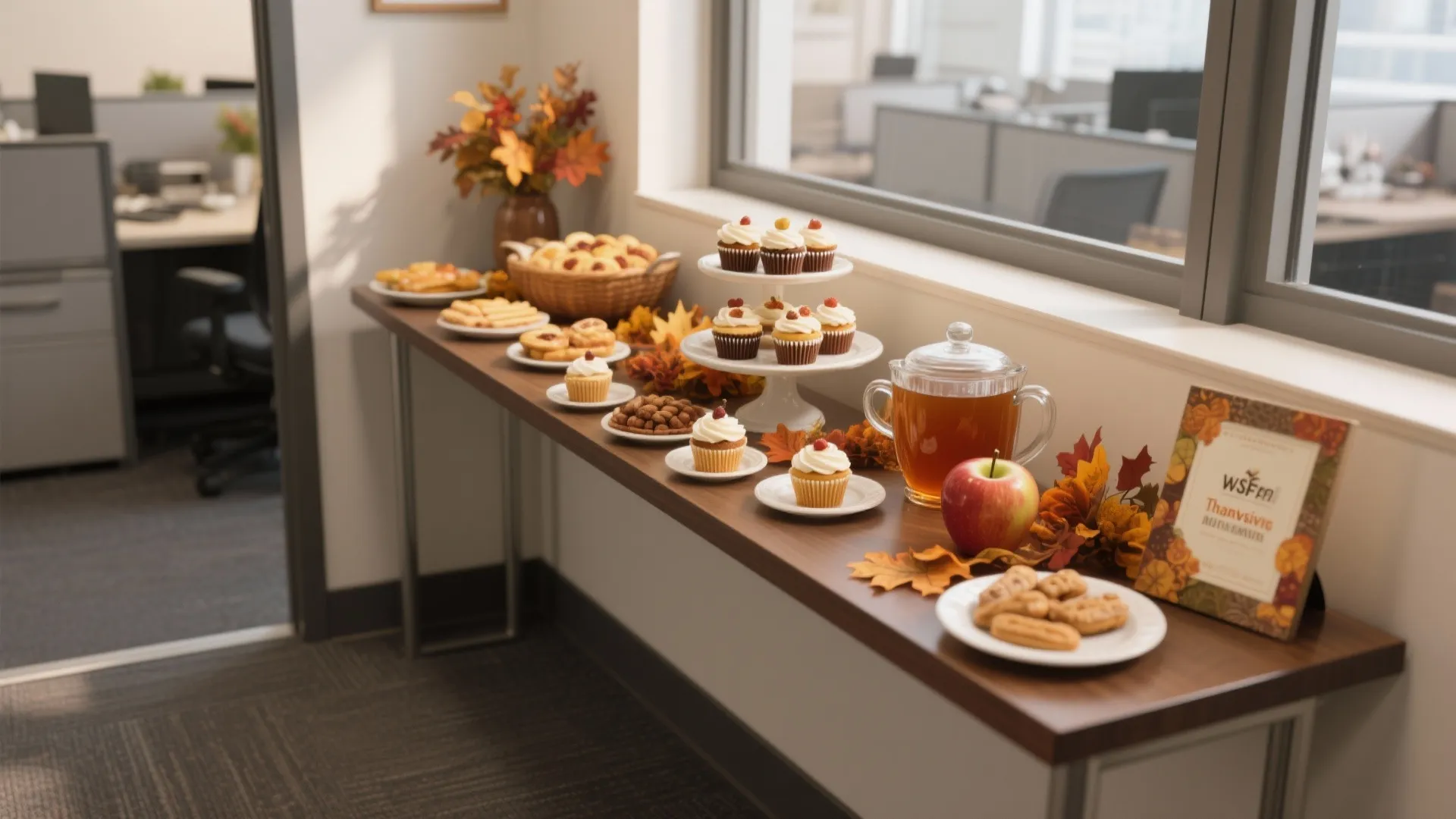 Office snack table with Thanksgiving treats and drinks