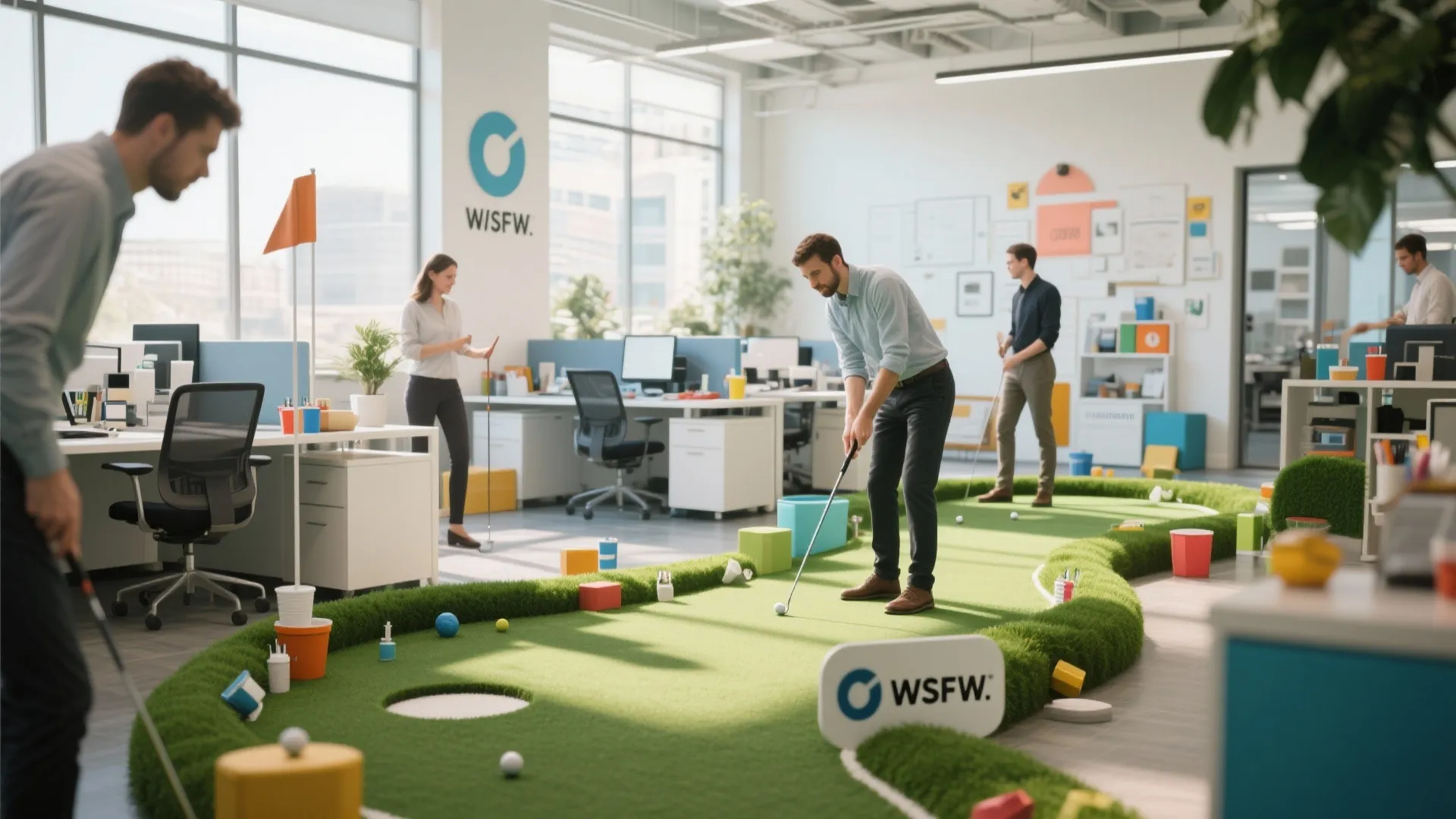 Modern office interior with artificial grass mini golf course for employees playing during their break
