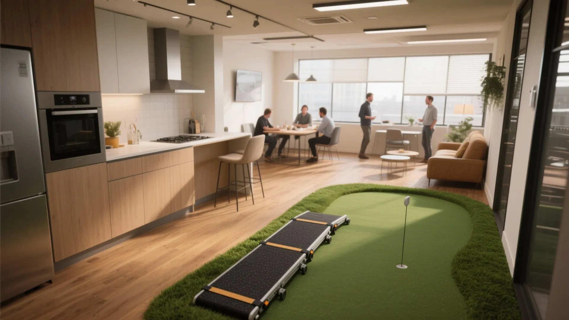 Open plan office kitchen and breakroom area with a small green putting course and people