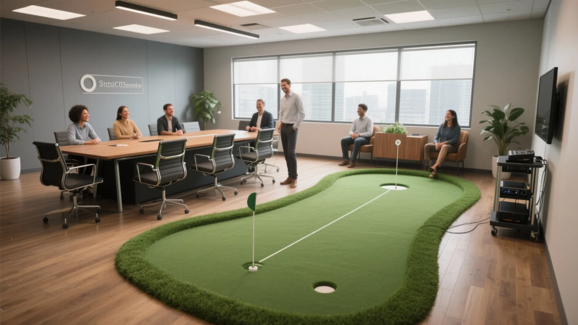 Modern conference room with long table and indoor putting green for office team building activities