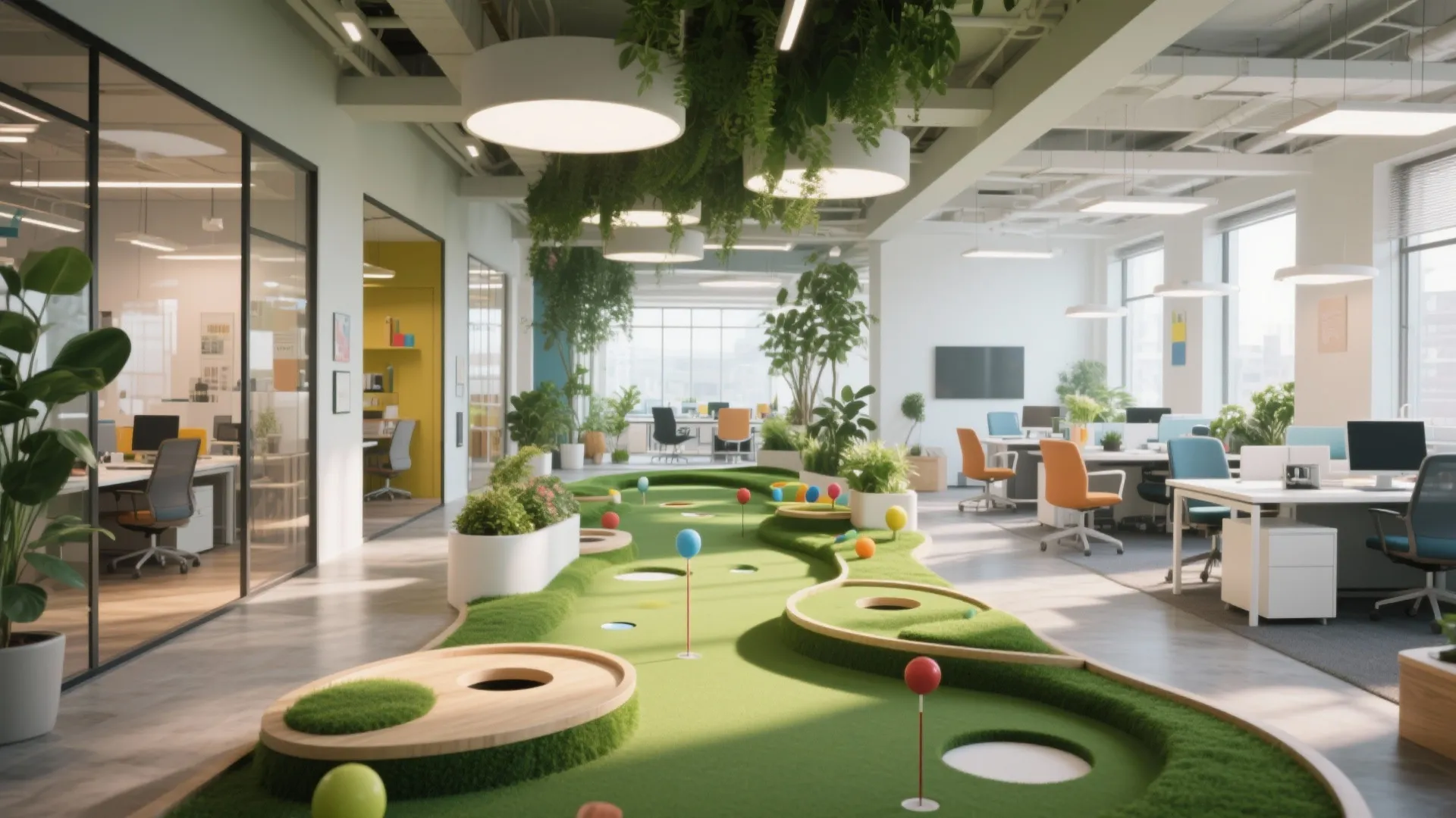 Modern open office with green mini golf course desks chairs indoor plants and bright lights
