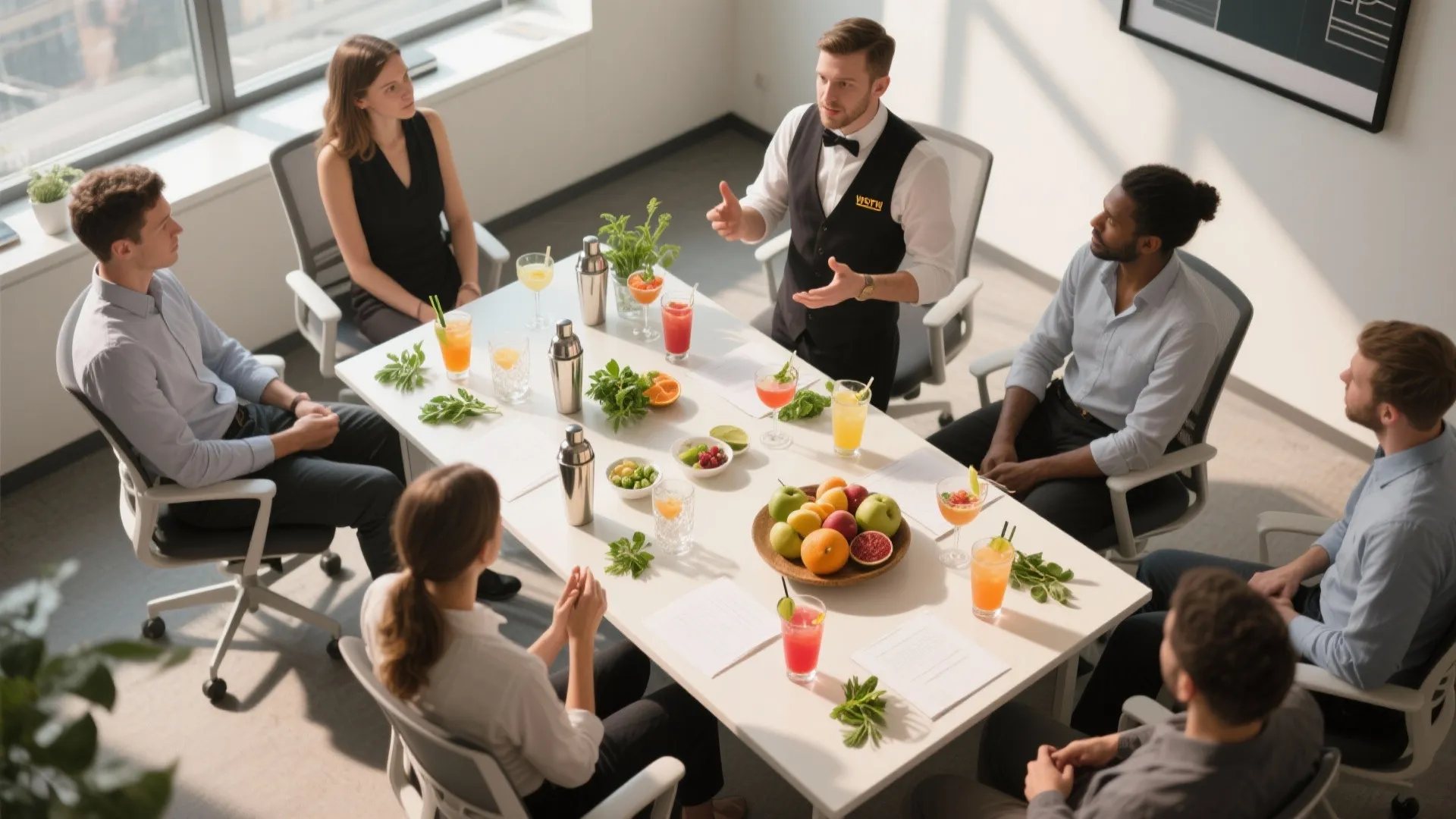 Office team building event with a professional bartender teaching employees how to make colorful drinks