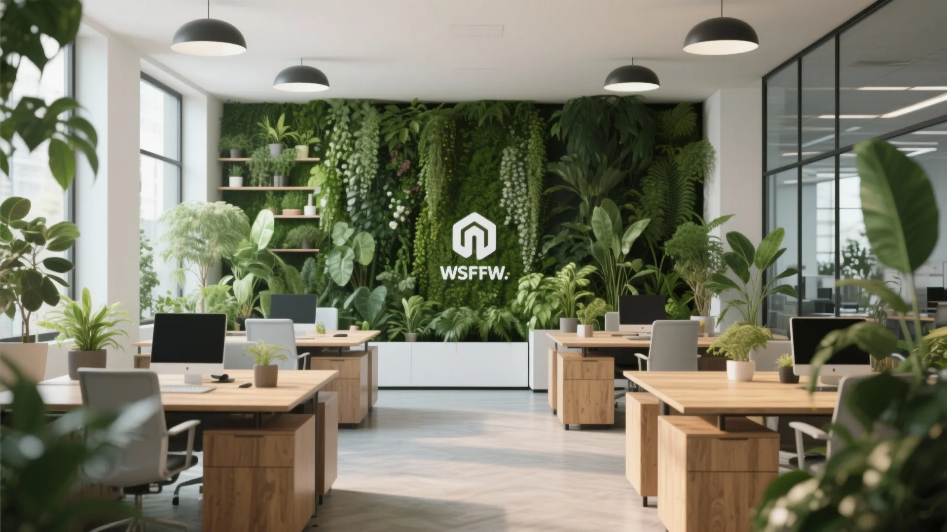 Modern office interior featuring a large green plant wall, wooden desks, computers, and black ceiling lights