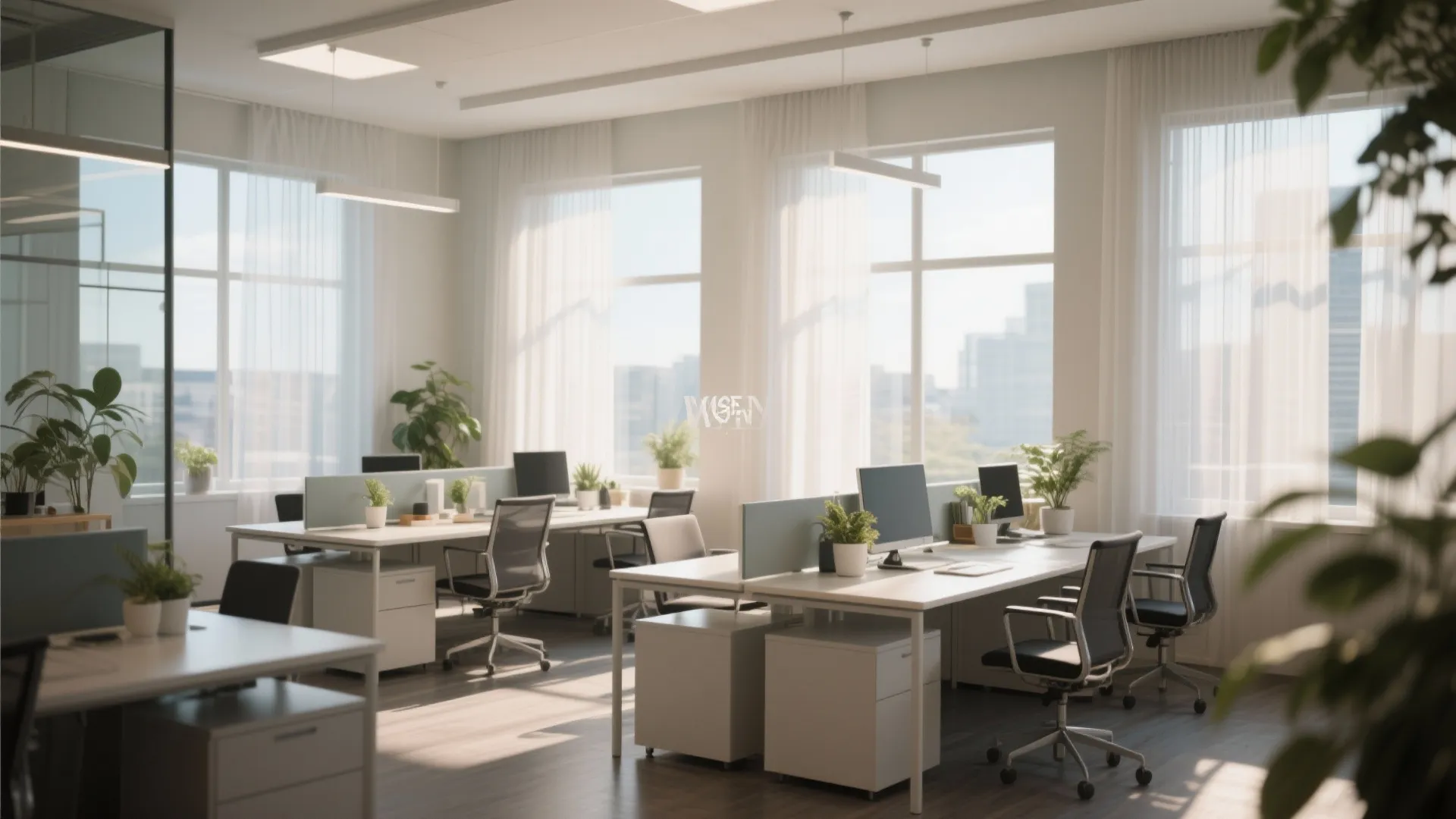 Office desks positioned to maximize daylight from large windows