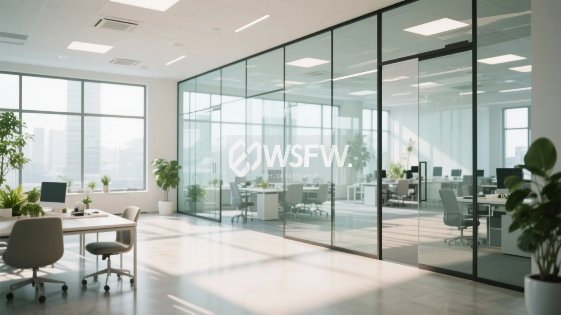 Bright open office space with glass walls desks chairs green plants and warm natural sunlight