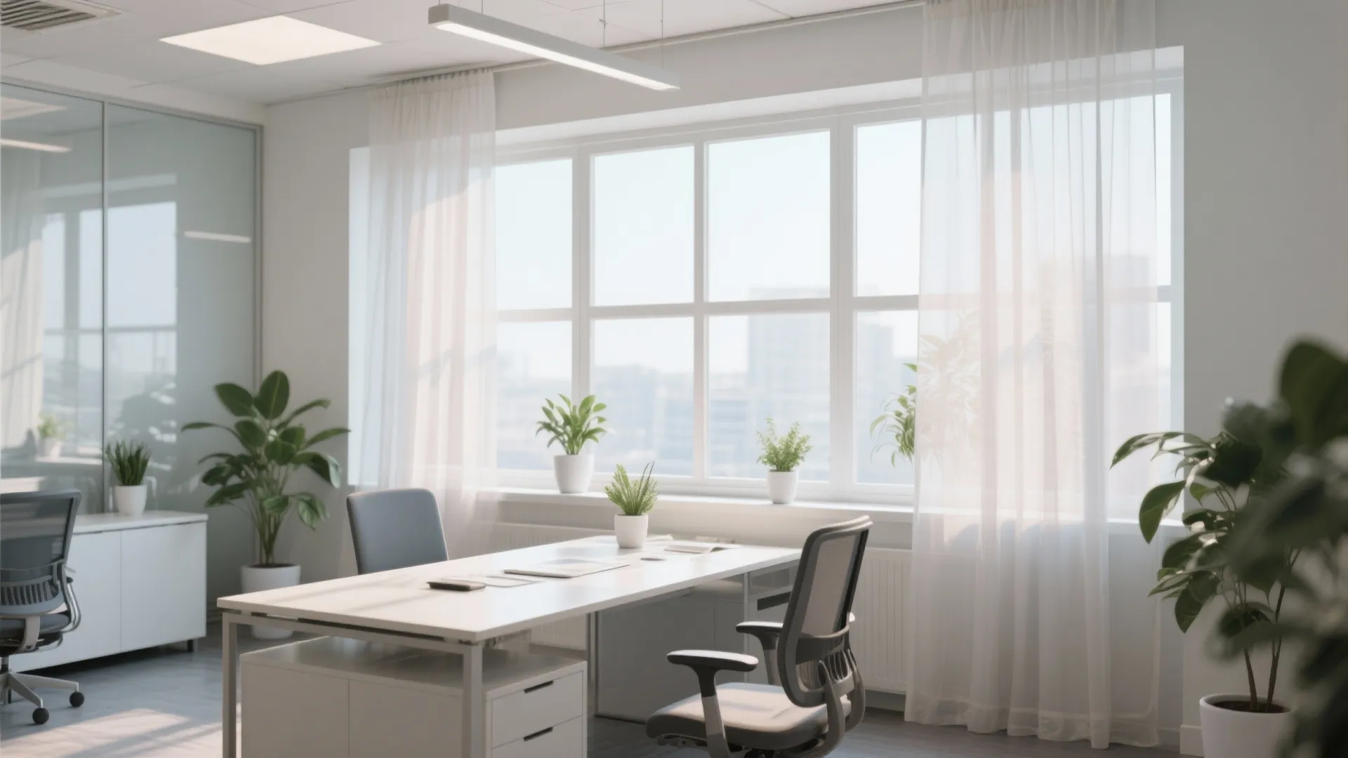 Office desk near large window with sheer curtains and plants in daylight
