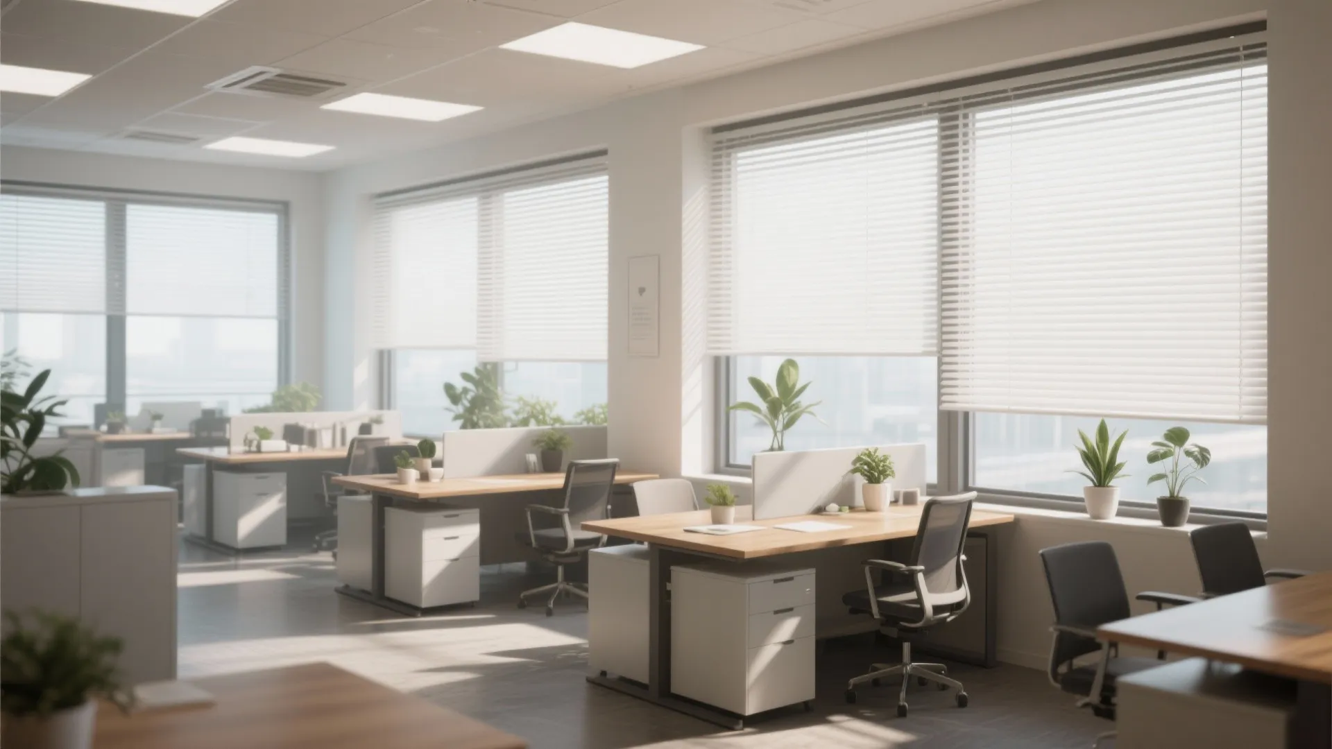 Office desks near large windows with sheer blinds and sunlight