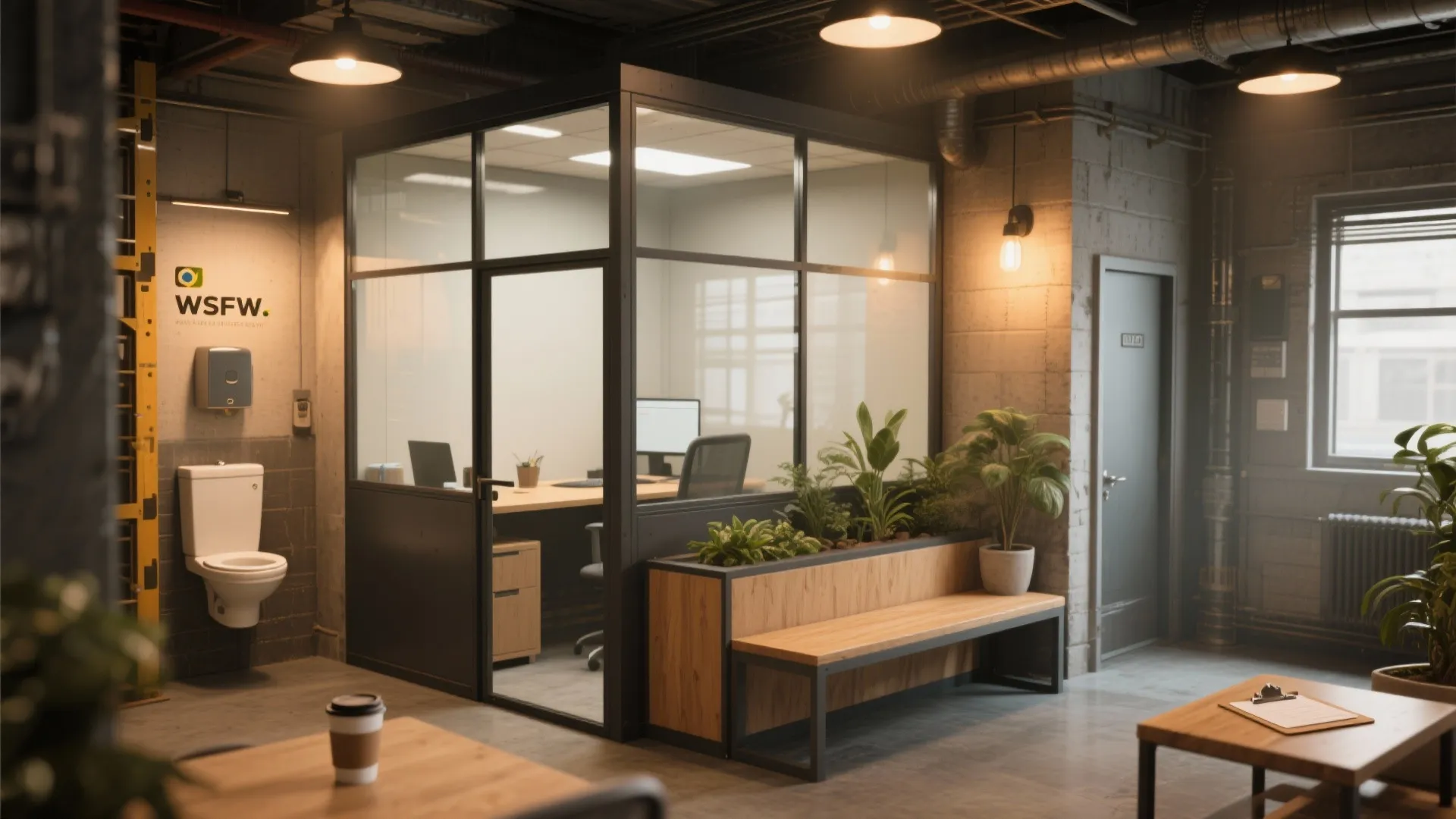 Modern office booth with glass walls wooden bench green plants and dark ceiling light fixtures