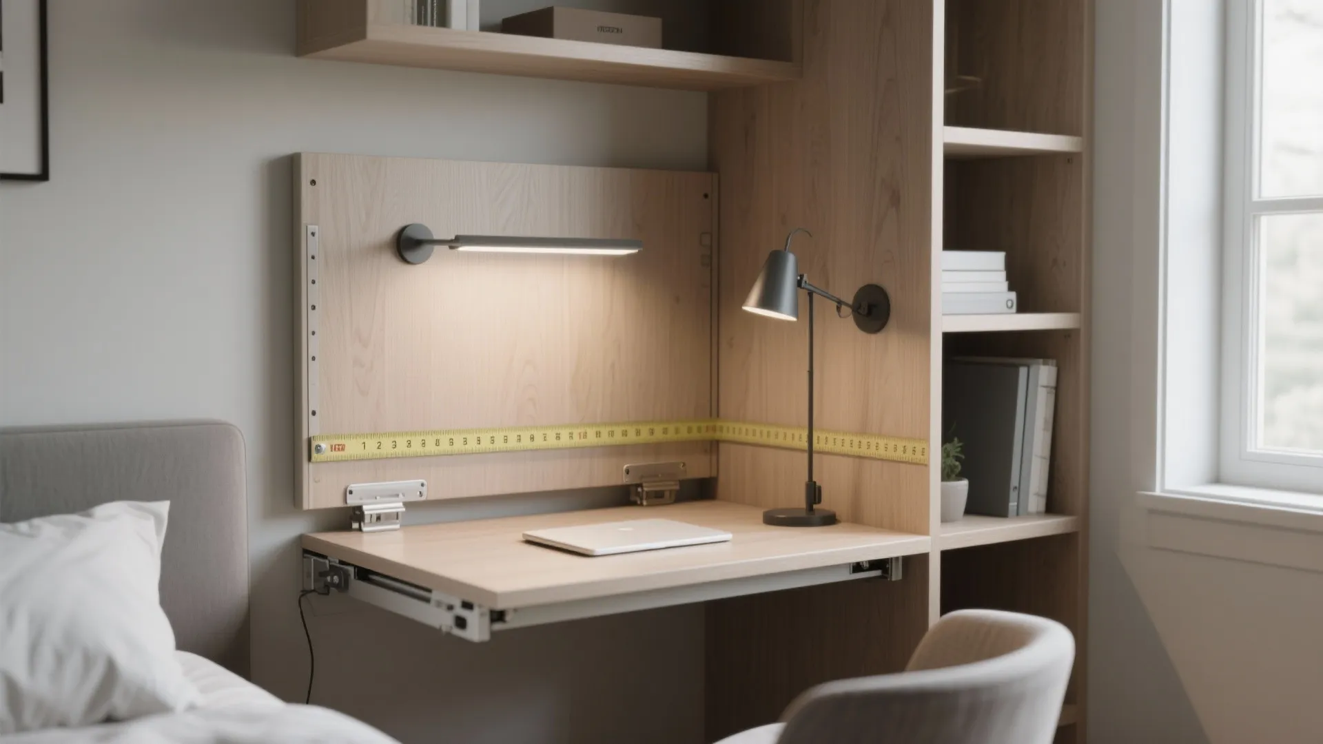 Wooden wall mounted folding desk with a laptop small table lamp and built in shelving unit
