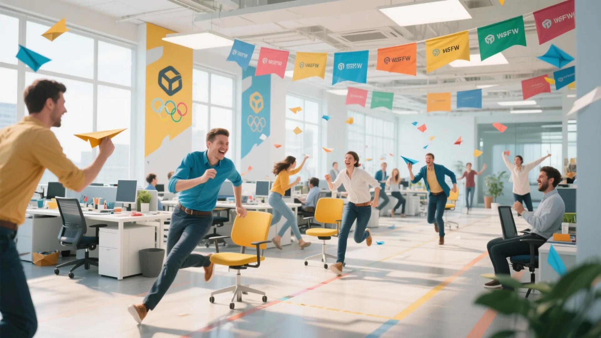 Happy office workers running and throwing paper planes in a bright modern workspace with festive flags