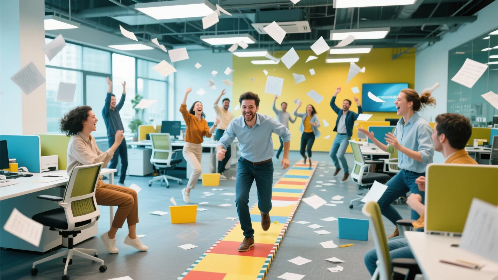 Cheerful office workers running and throwing papers in a bright workplace with colorful floor patterns