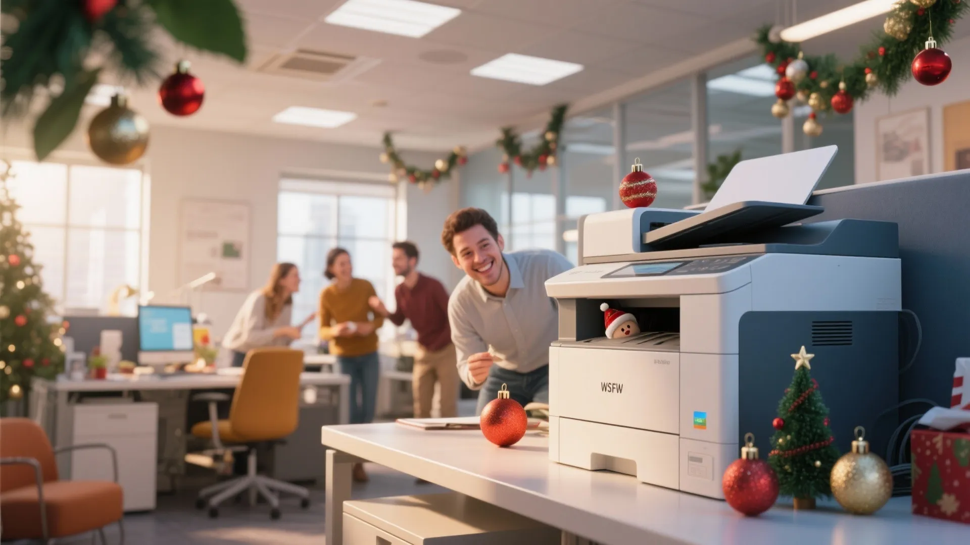 White printer on a desk decorated with red Christmas ornaments in a festive office environment