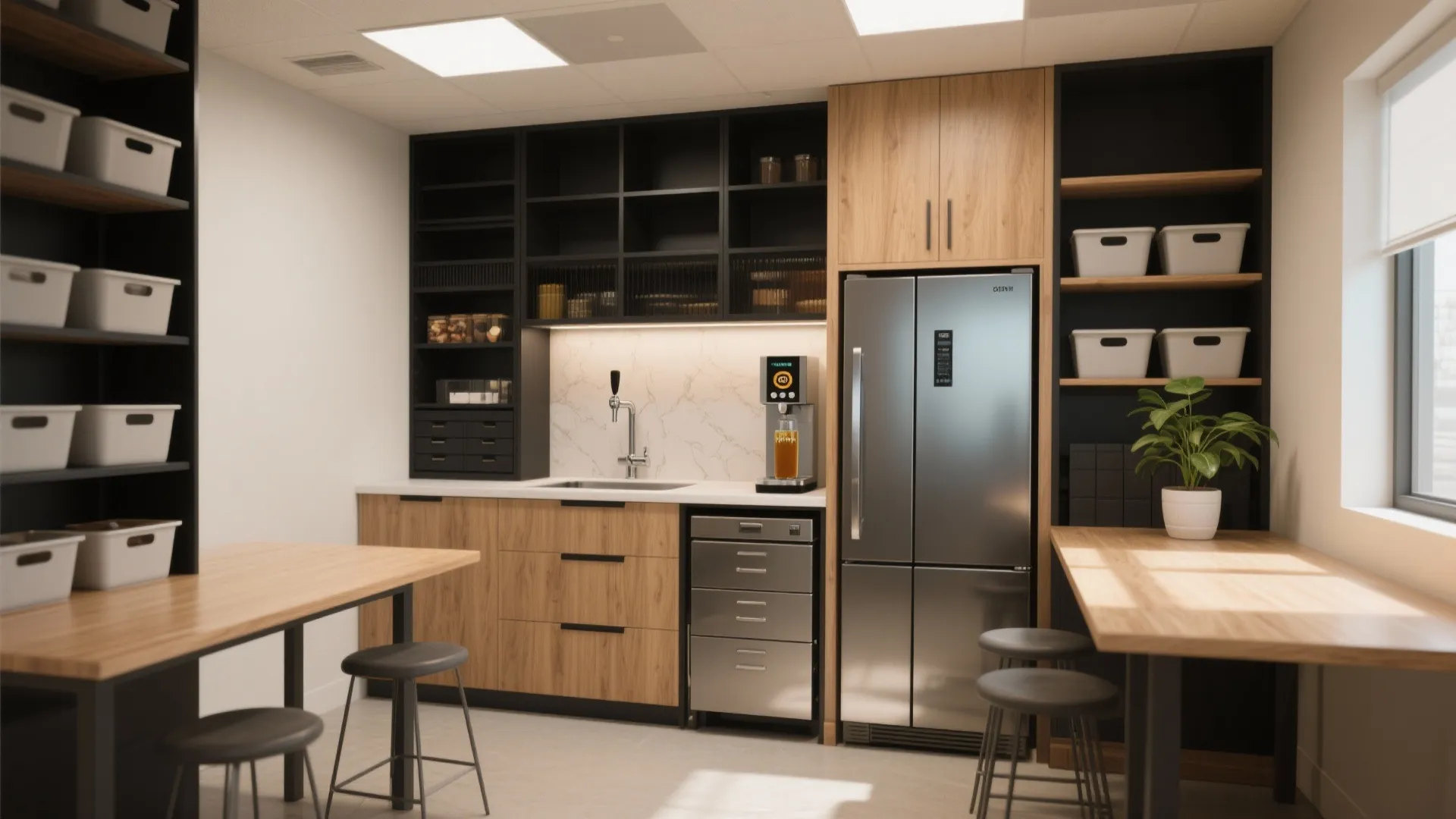 Office pantry with wooden cabinets black shelves silver fridge sink coffee machine and wooden tables