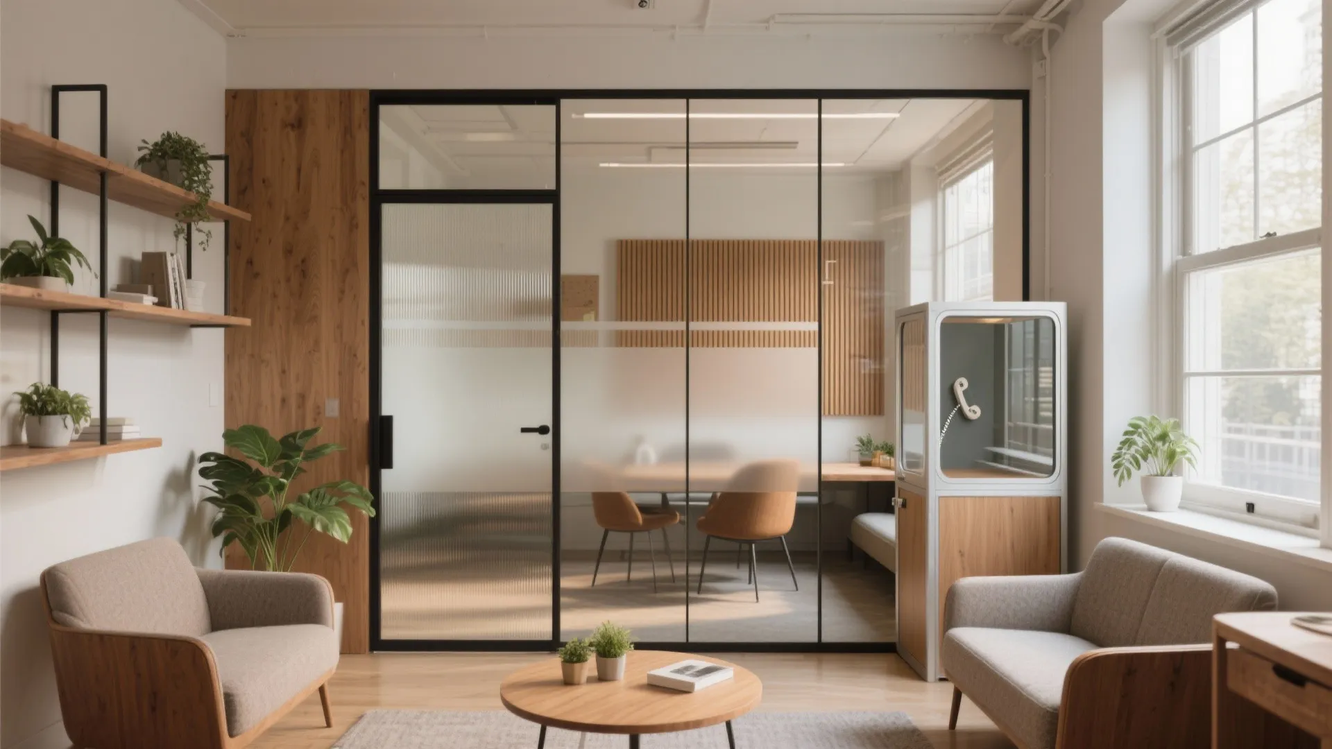 Modern office interior with glass wall divider wooden furniture grey sofas and green potted plants