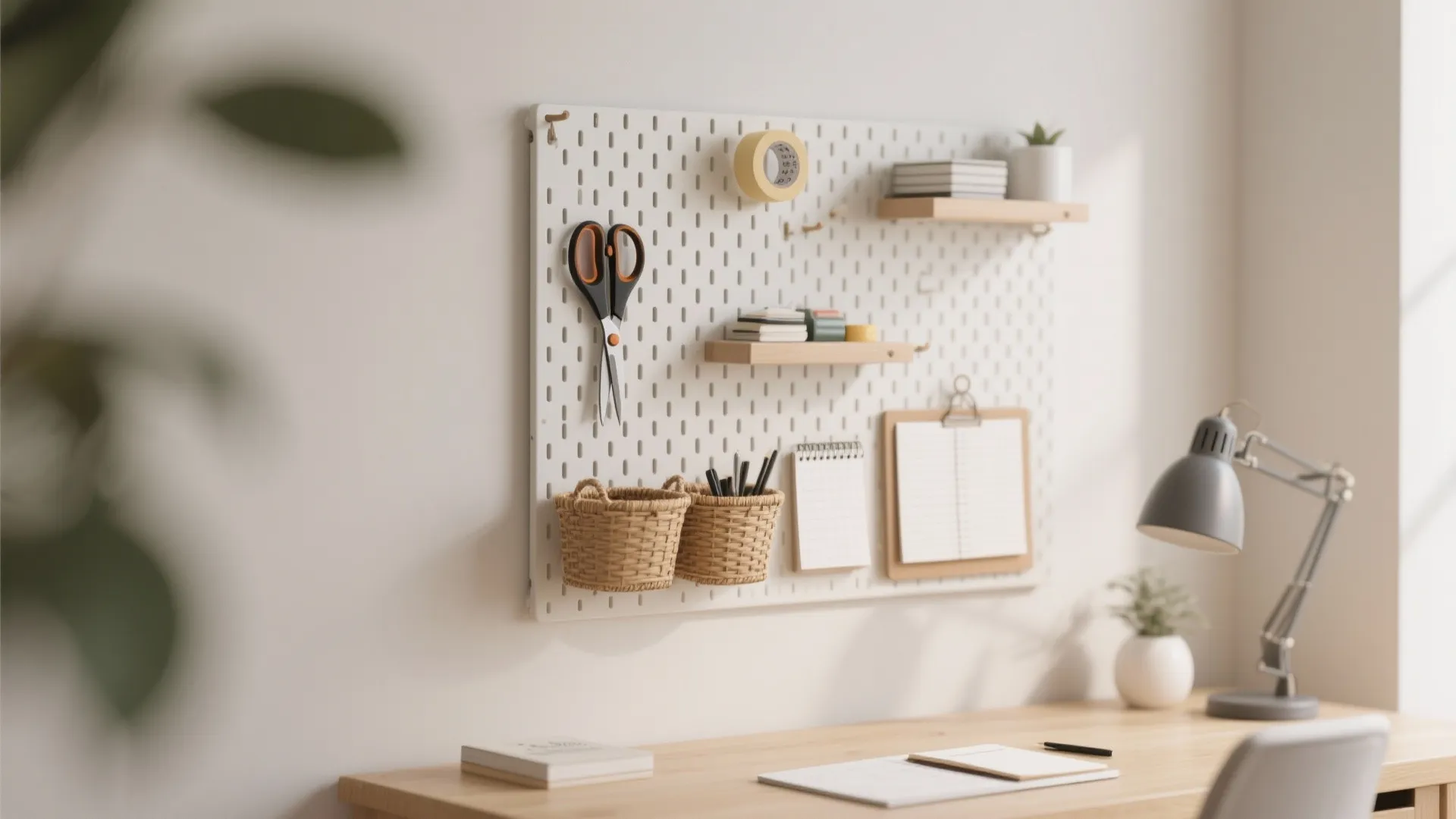 White wall board with hanging scissors, baskets, notebooks, and small shelves above a wooden desk