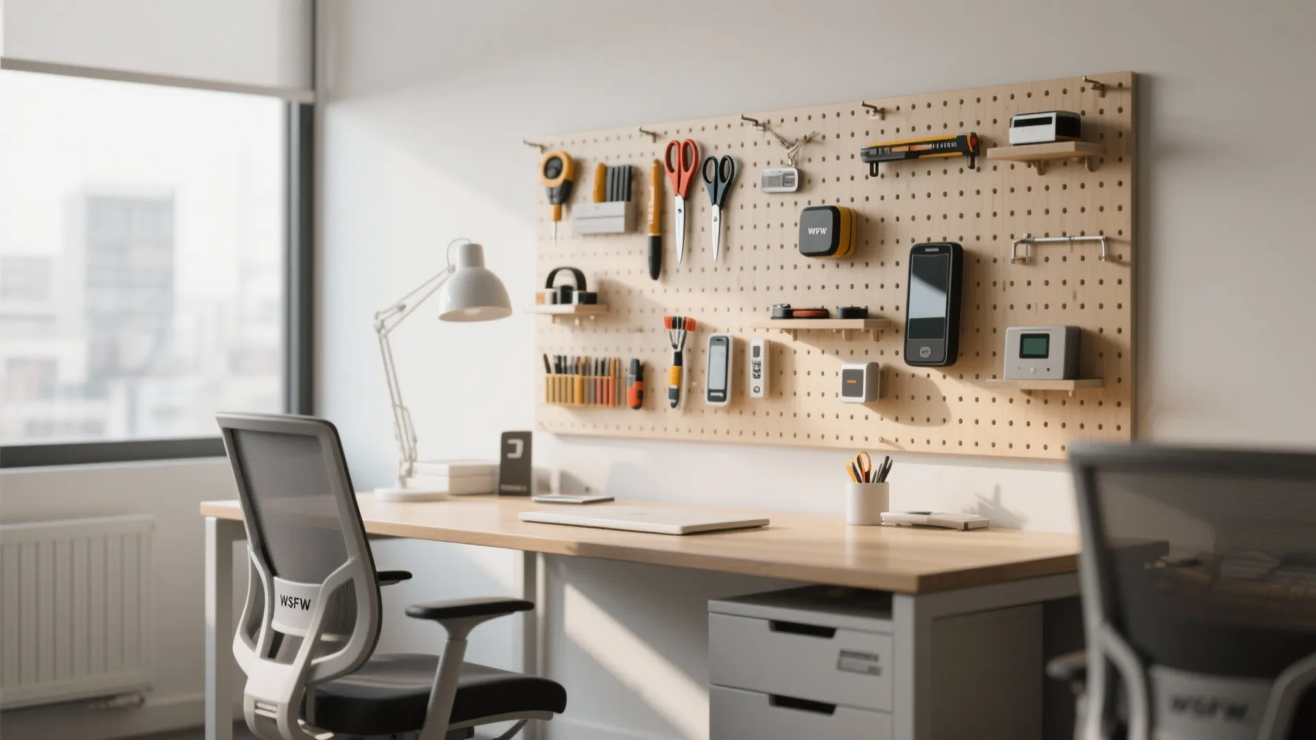 Modern office desk with wooden pegboard wall organizer holding scissors tools and white desk lamp