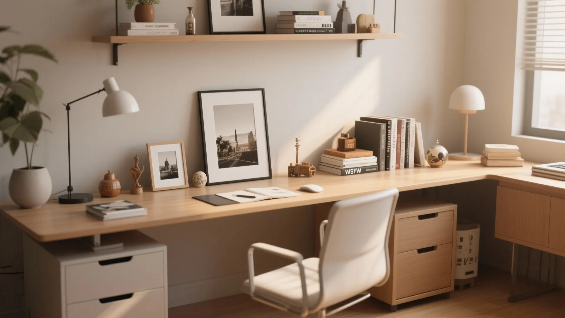 Long wooden home office desk with white chair books photo frames and two table lamps