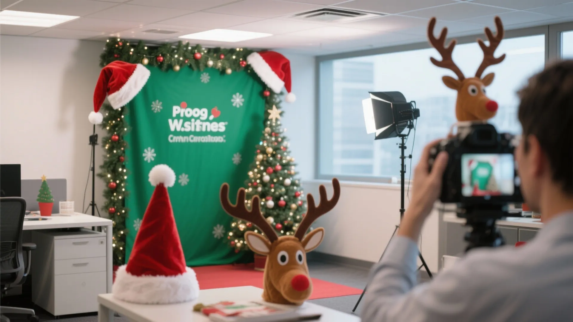 A photographer shooting an office Christmas photo booth with green backdrop and festive reindeer head props