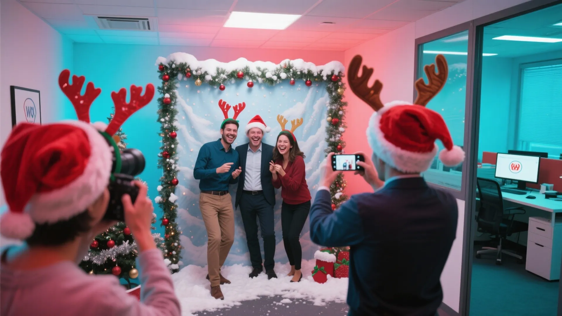Office workers wearing Santa hats and reindeer headbands posing for a photo in festive booth