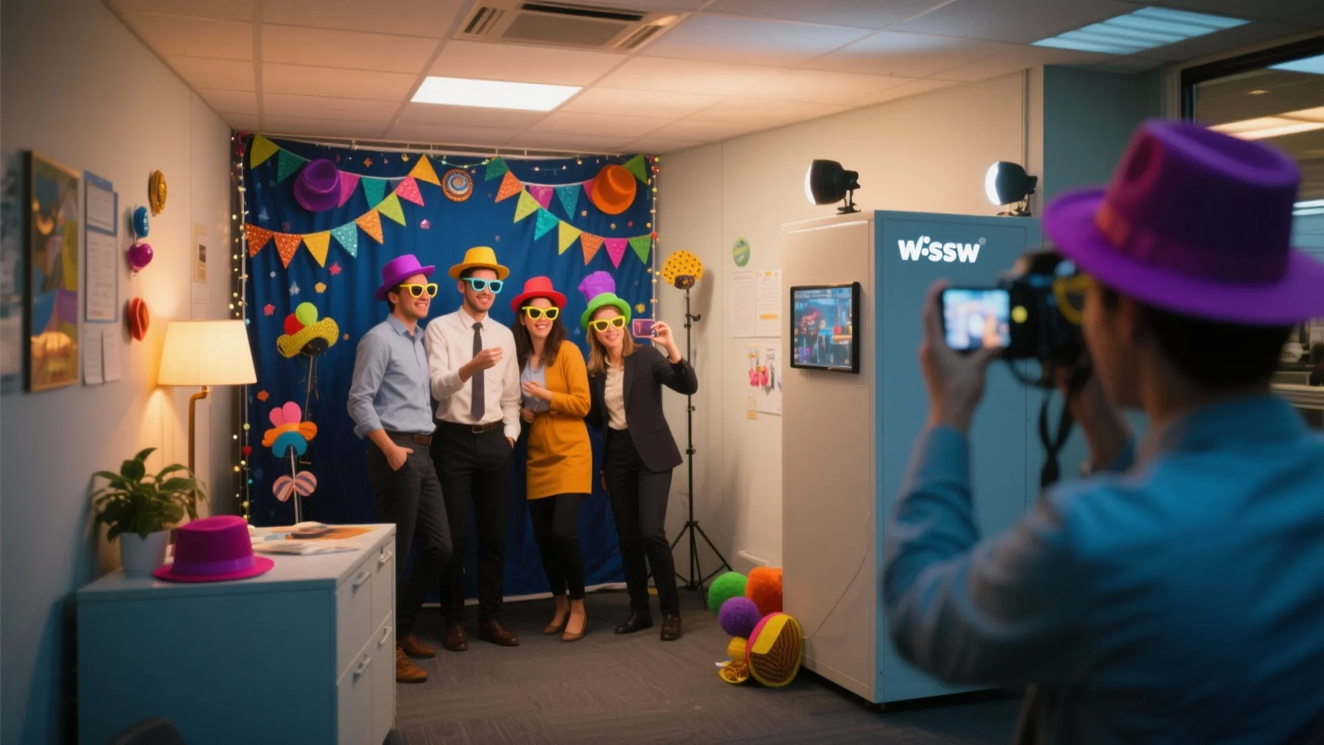 Employees wearing colorful hats and sunglasses posing for a group picture in an office photo booth