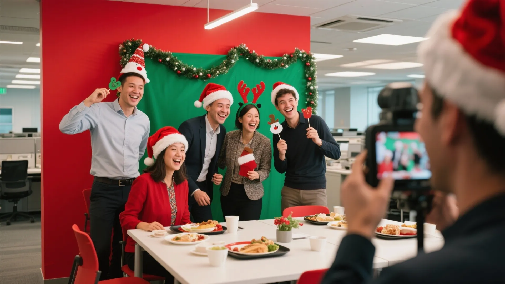 People in red hats posing for a camera with holiday props and food in decorated office