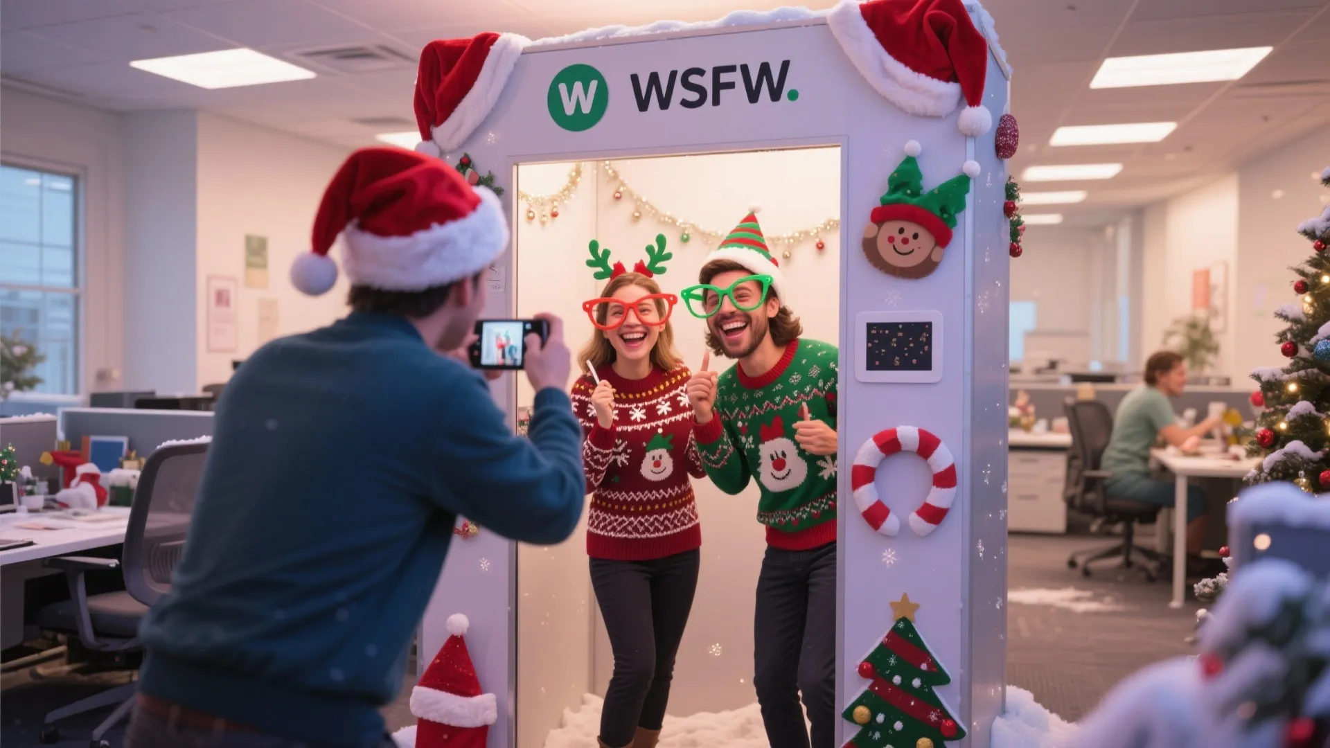 Festively decorated office photo booth with props and backdrop