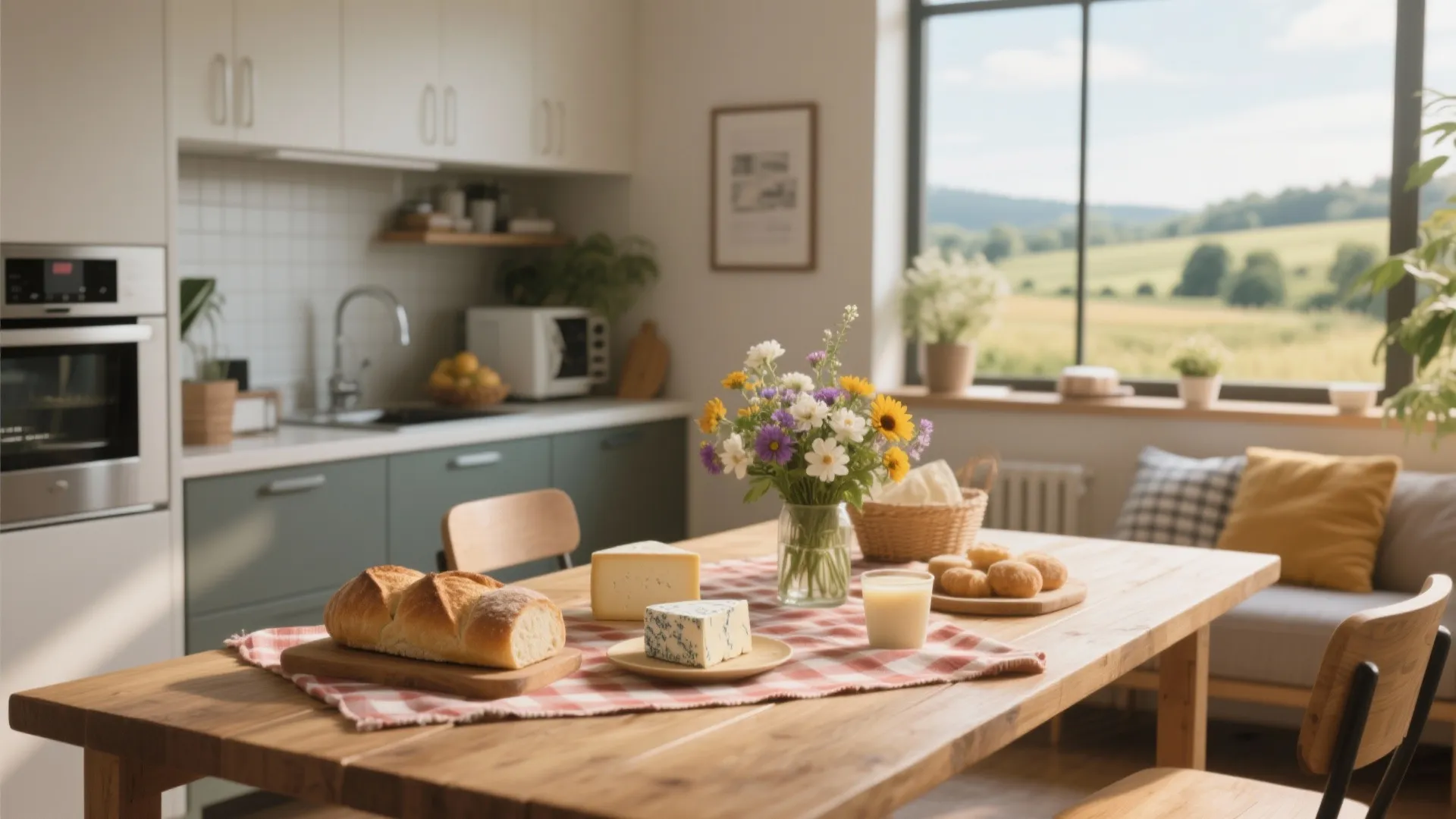 Bright wooden dining table with bread cheese flowers and milk overlooking green countryside kitchen view
