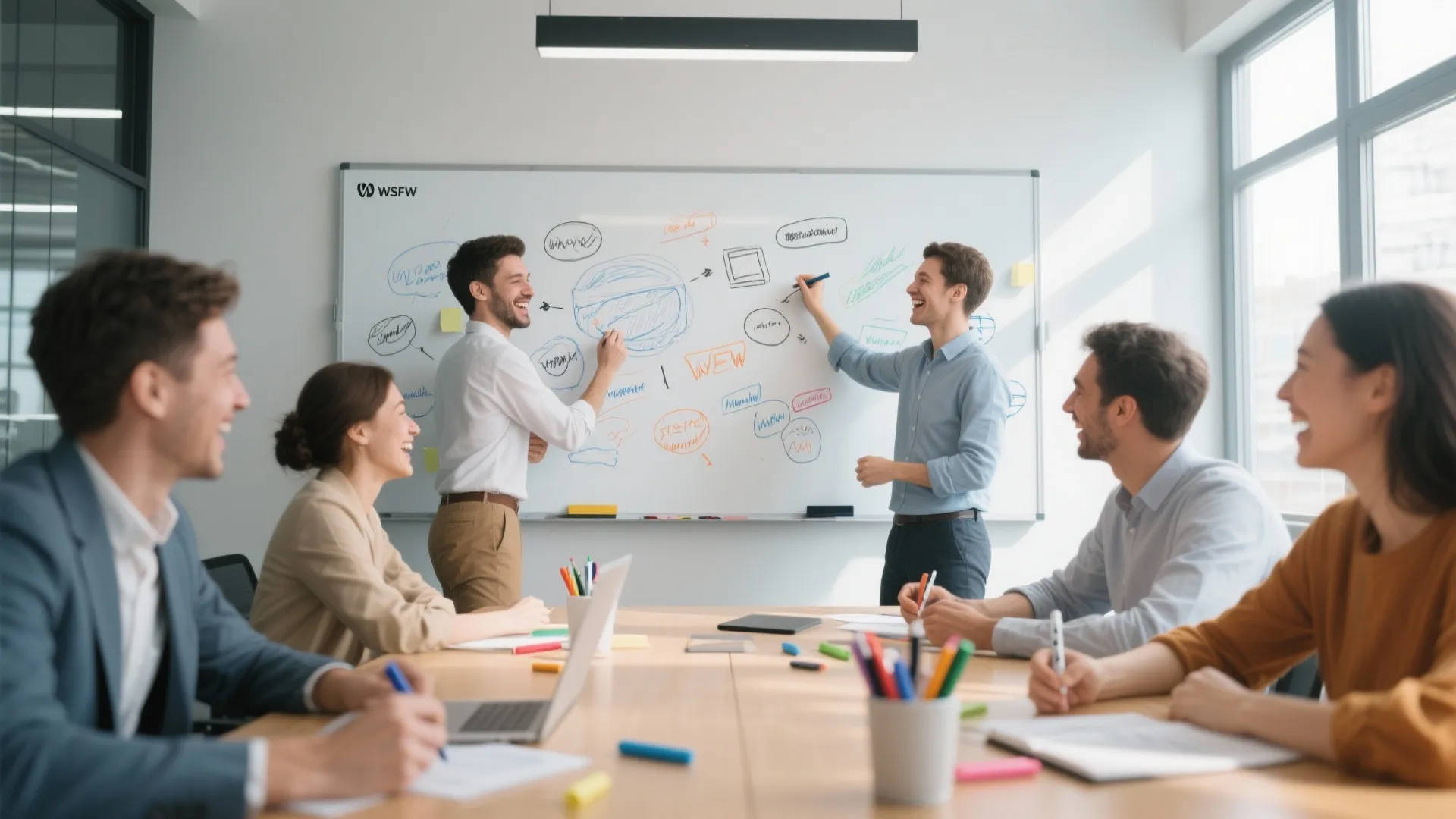 Diverse group of office workers laughing and drawing on a white board in bright meeting room