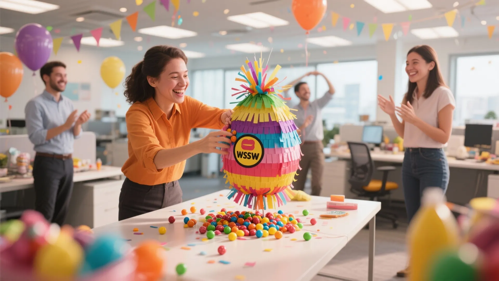 Happy office workers celebrating a party with a colorful pinata and balloons in the room