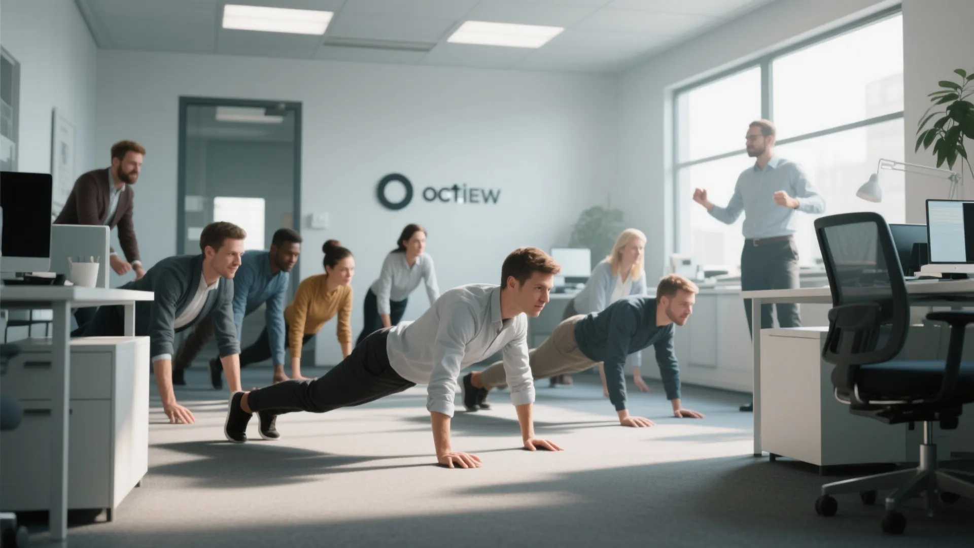 Colleagues holding a plank together in an office