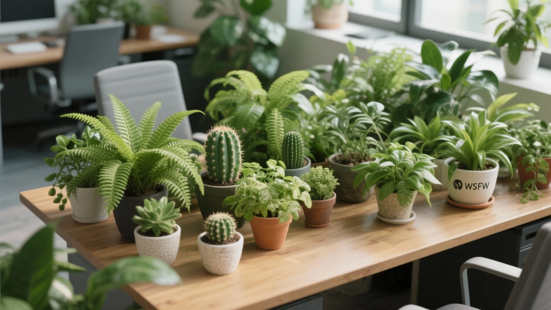 Various green indoor plants and small cactus in pots on a wooden office desk surface