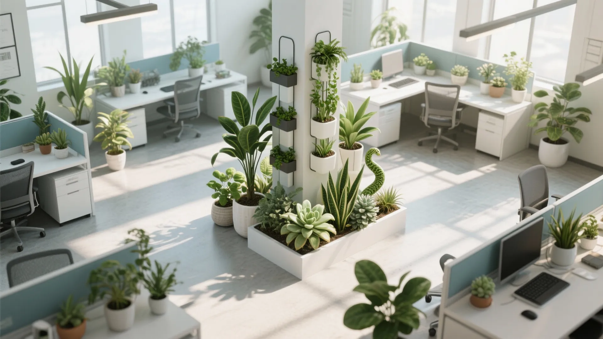Modern bright open office space filled with many green potted plants on desks and floors