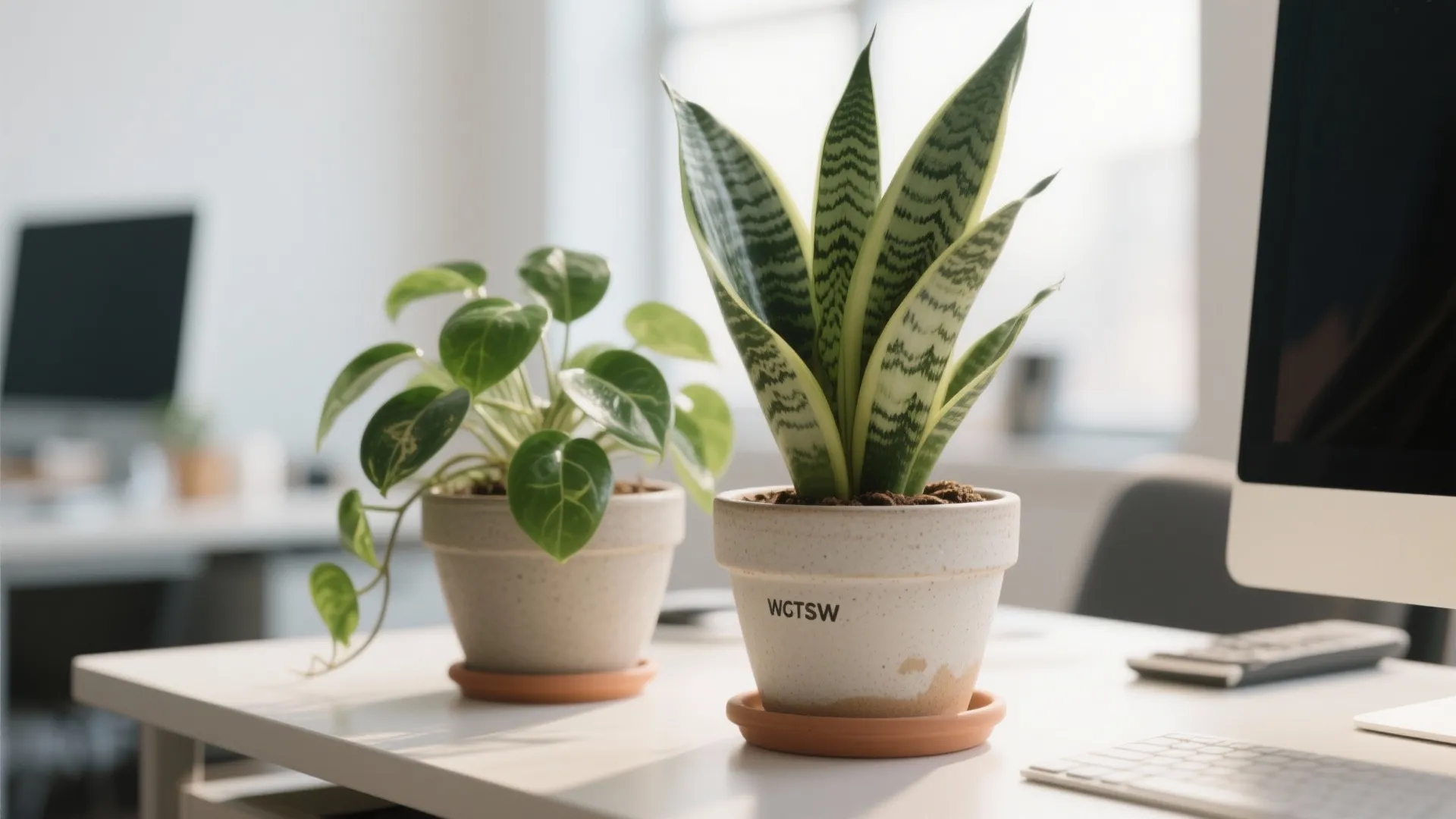 Two small green potted plants on a white office desk with a computer and keyboard