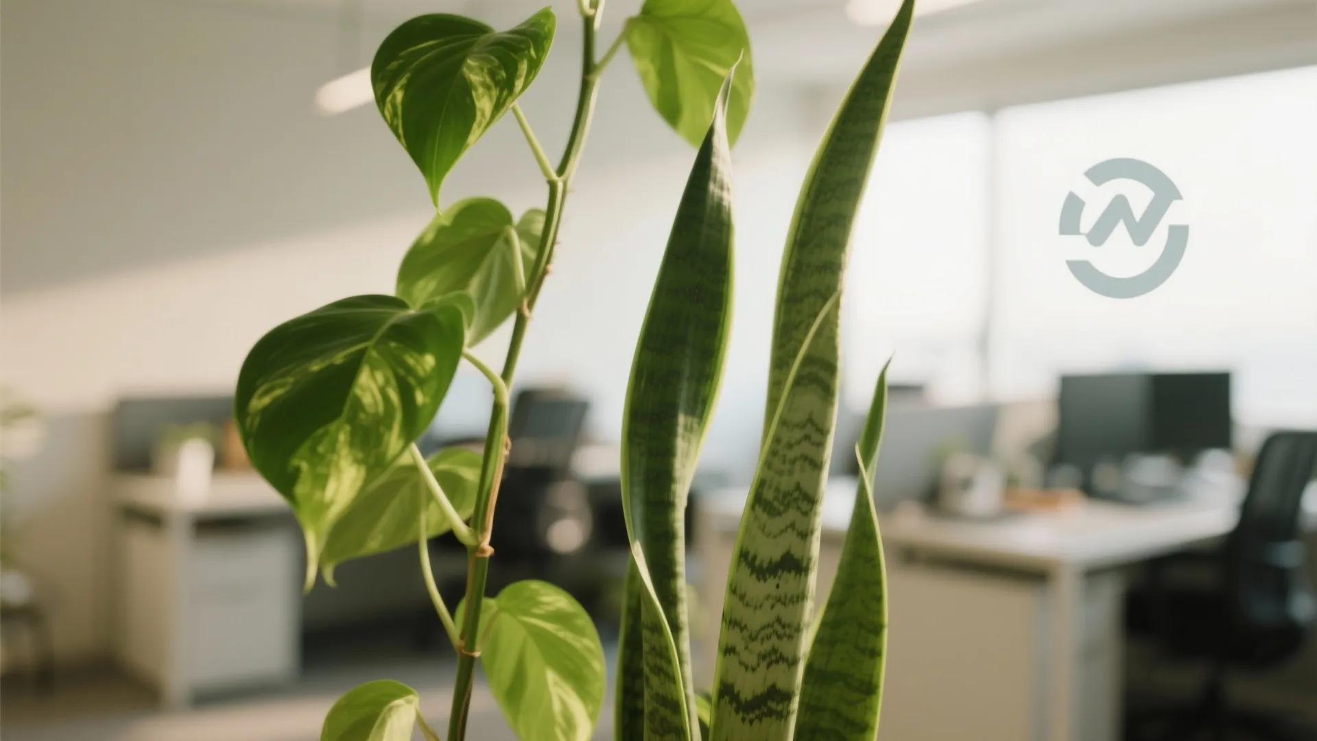 Close-up of snake plant leaves in a modern office