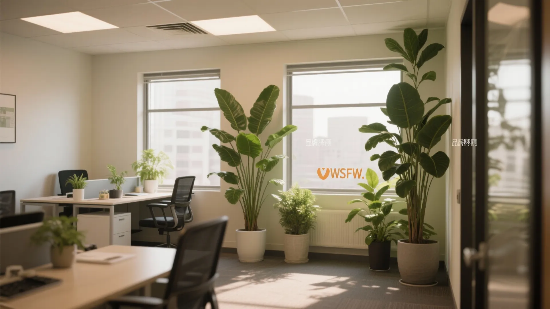 Modern small office with tall plants adding natural comfort