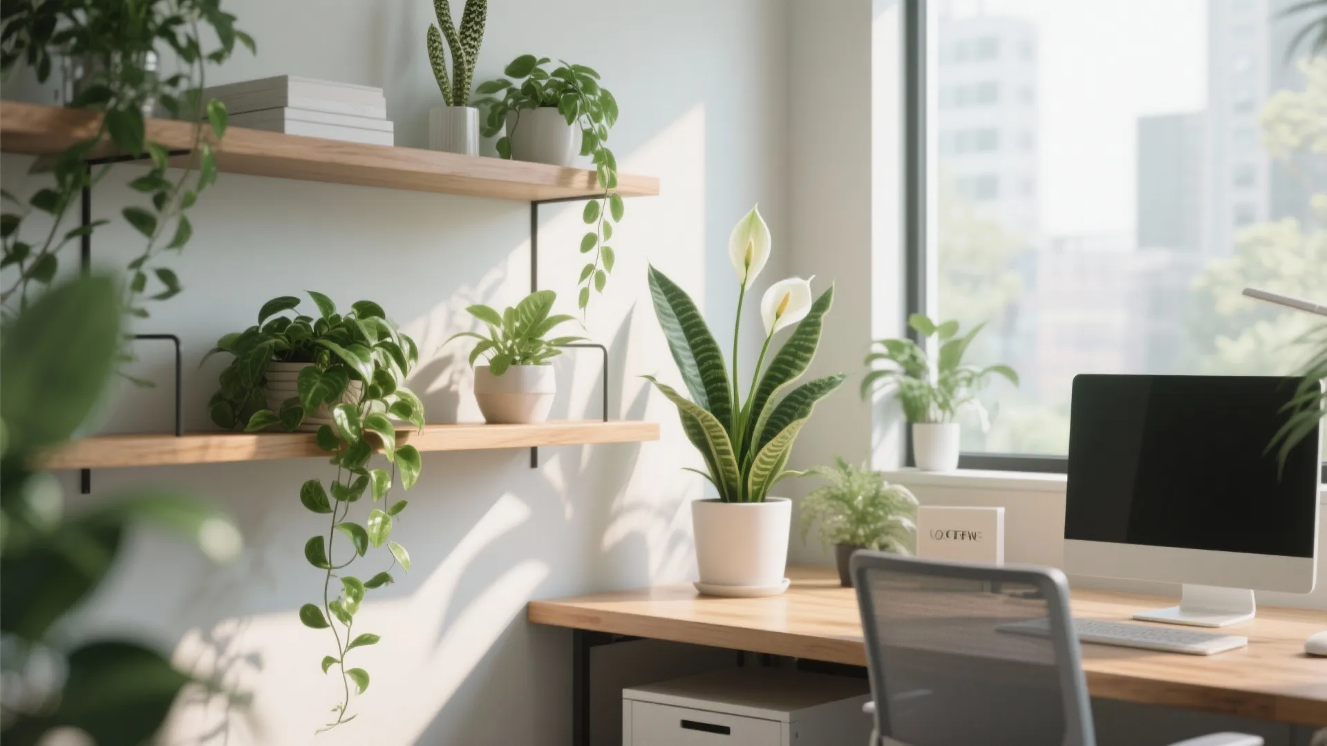 Bright wooden desk with computer monitor and many green potted plants on shelves and table