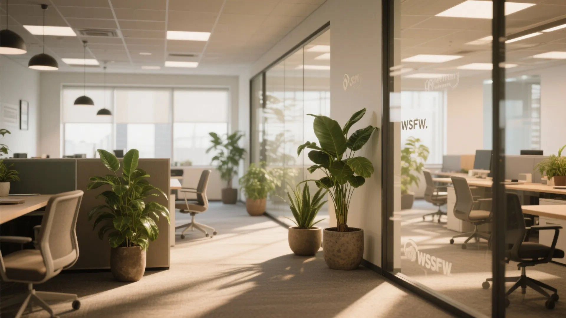 Open plan office space featuring green potted plants wooden desks and black ceiling light fixtures