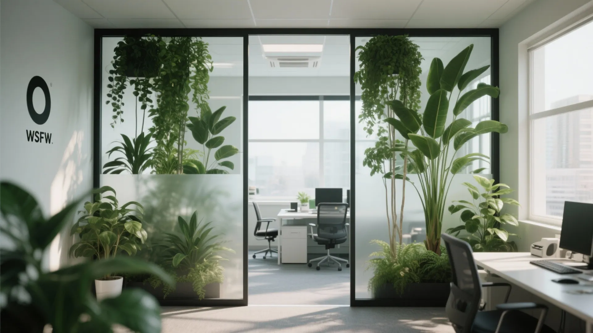 Modern office interior with green plants as room dividers between white desks and black chairs